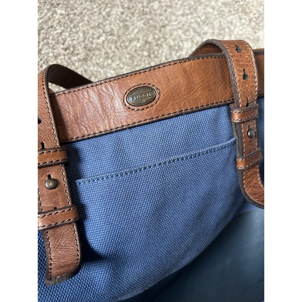 Fossil Estate Utility Shoulder Tote Bag Canvas Genuine Leather Trim Blue Key